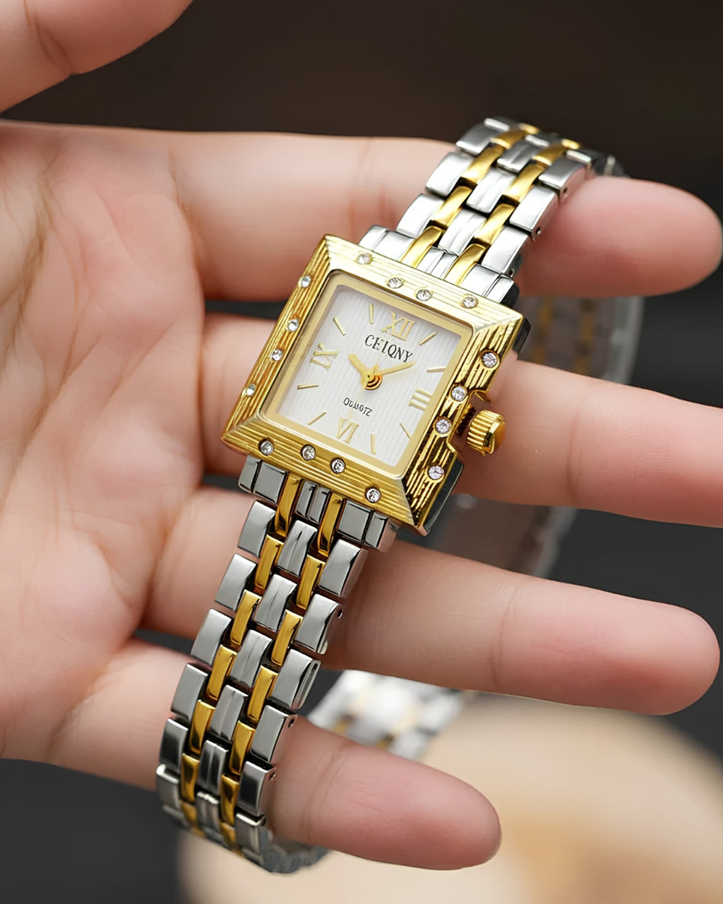 Luxury Gold & Silver Square Dial Women's Watch
