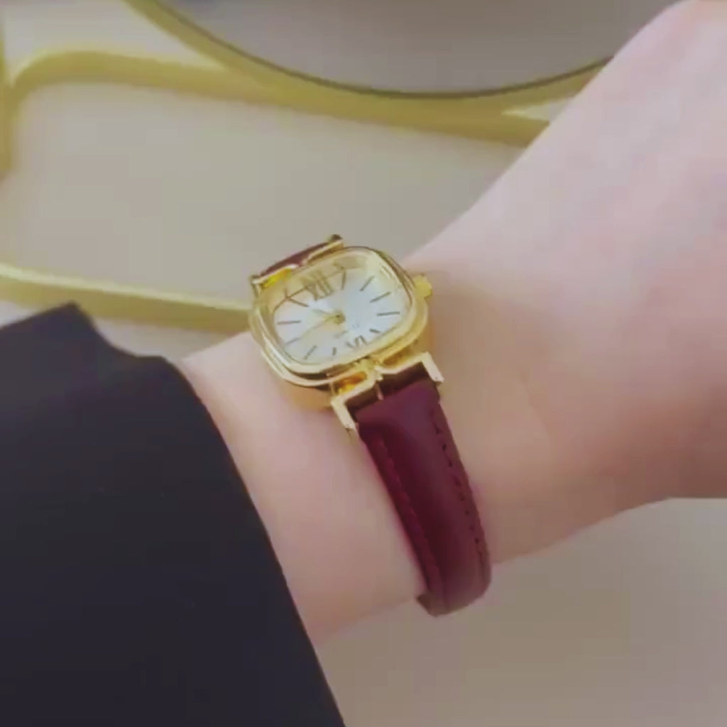 Elegant Burgundy Leather Women's Quartz Watch